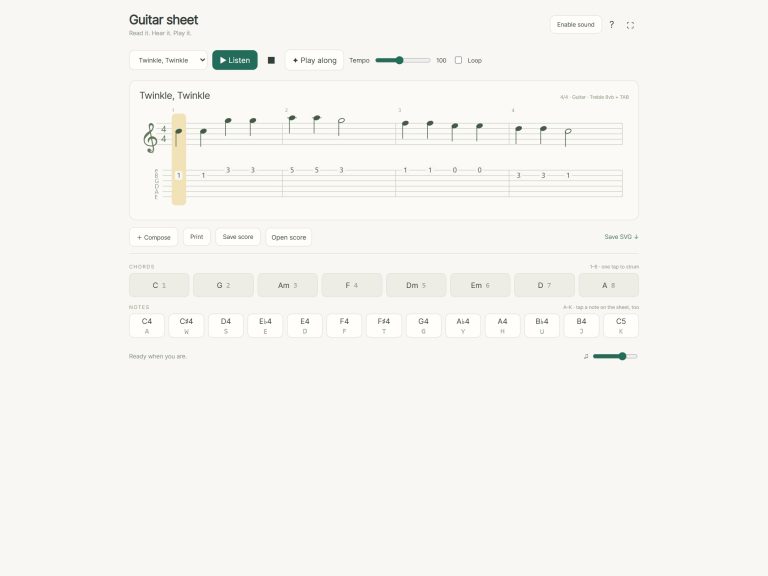 online virtual guitar sheet